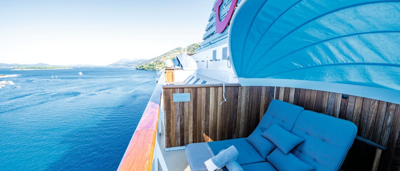 The adults-only sunbathing area is located at the back of the ship, offering relaxing views of the horizon