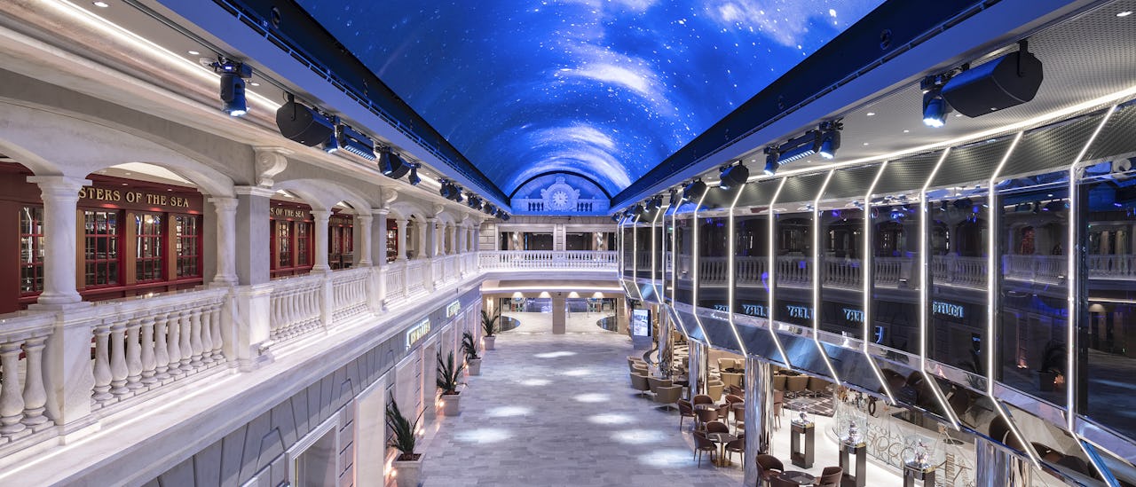 The 300 feet long street full of shops, bars and restaurants under a 500 square feet LED screen