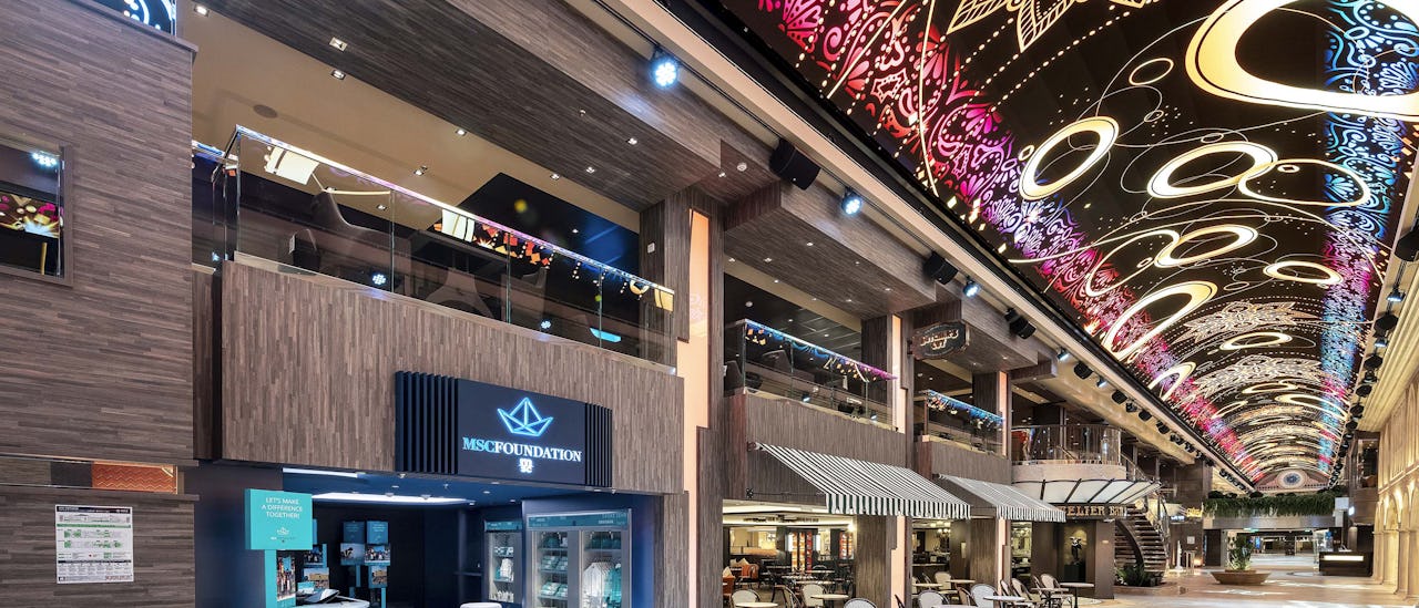 The promenade has the longest and most spectacular LED dome at sea with both main and special restaurants as well as many shops.