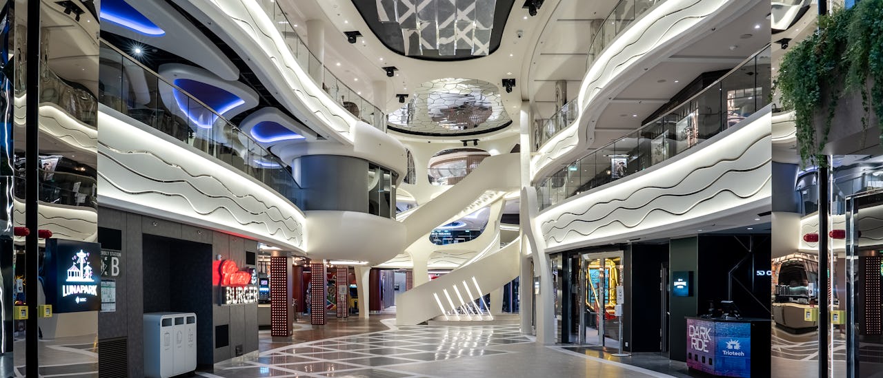 Stroll through the World Promenade, featuring the iconic LED Dome