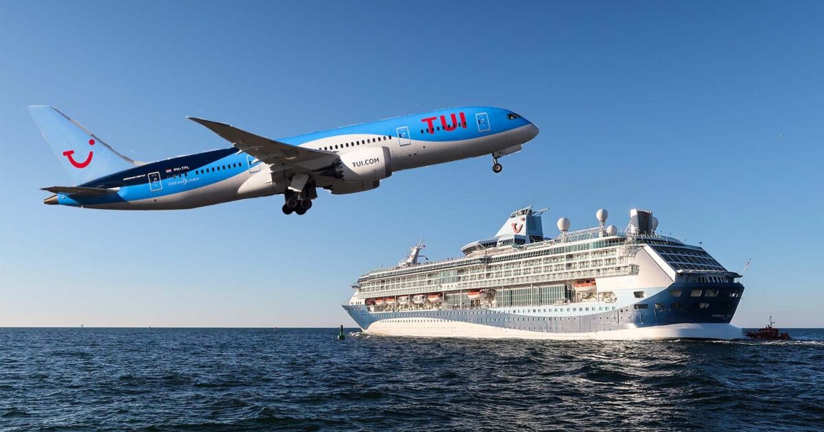 TUI airplane flying over an ocean cruise ship, symbolising cruise and fly holiday packages.