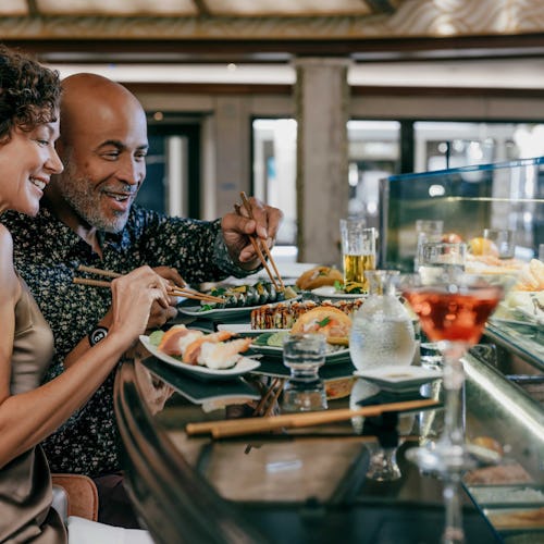 Elegant dining setup featuring regional cuisine and Chocolate Journeys® desserts on a Princess Cruises ship.