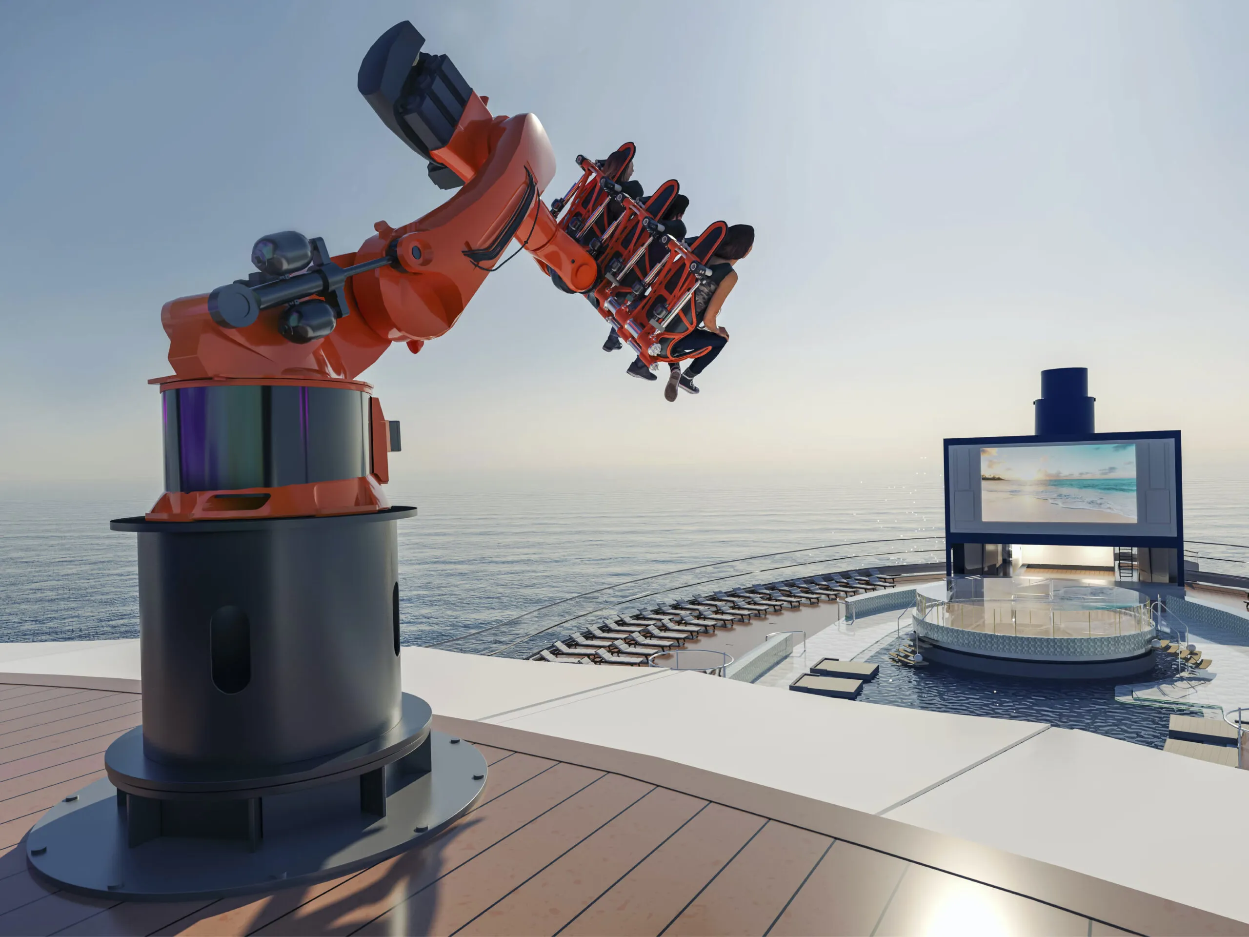  Thrill-seeker riding the Robotron robotic arm ride on the top deck of an MSC Cruises ship, with ocean views and high-tech excitement