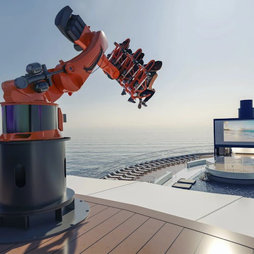 Thrill-seeker riding the Robotron robotic arm ride on the top deck of an MSC Cruises ship, with ocean views and high-tech excitement