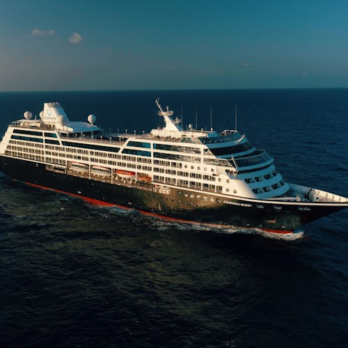 Azamara Quest sailing through scenic waters, showcasing boutique luxury cruising and immersive destinations.