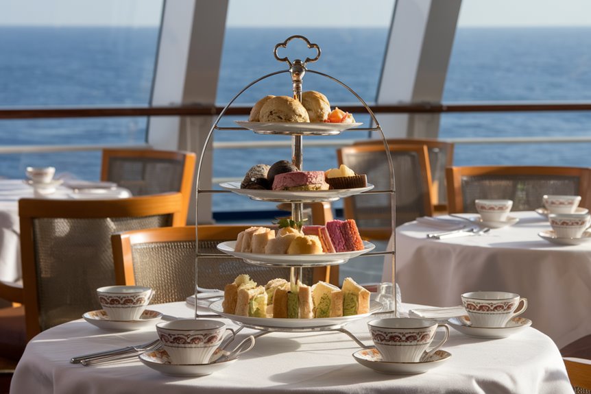 Guests enjoying traditional afternoon tea aboard P&O Cruises, complete with scones, finger sandwiches, and ocean views.