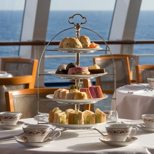 Guests enjoying traditional afternoon tea aboard P&O Cruises, complete with scones, finger sandwiches, and ocean views.